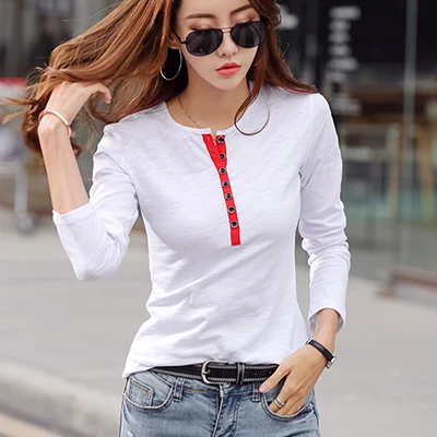 white t shirt Shintimes, контрастная цветная футболка на пуговицах, женская футболка, модная одежда, Осенние Топы с длинным рукавом, хлопковая футболка для женщин размера плюс - Цвет: white t shirt