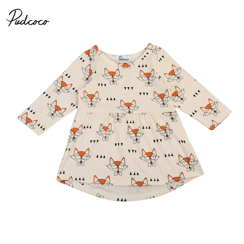 Toddler Baby Girls Dress Princess Cute Glasses Fox Casual Party Round Neck Beige Yellow Long Sleeve Autumn Dresses Clothes | Детская