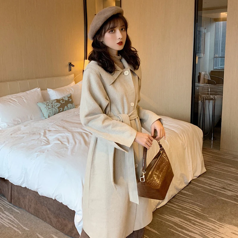 2019 Fall Winter Women Simple Cashmere look Maxi Long Robe Belted Coat Female Woolen Outerwear manteau femme abrigos mujer |