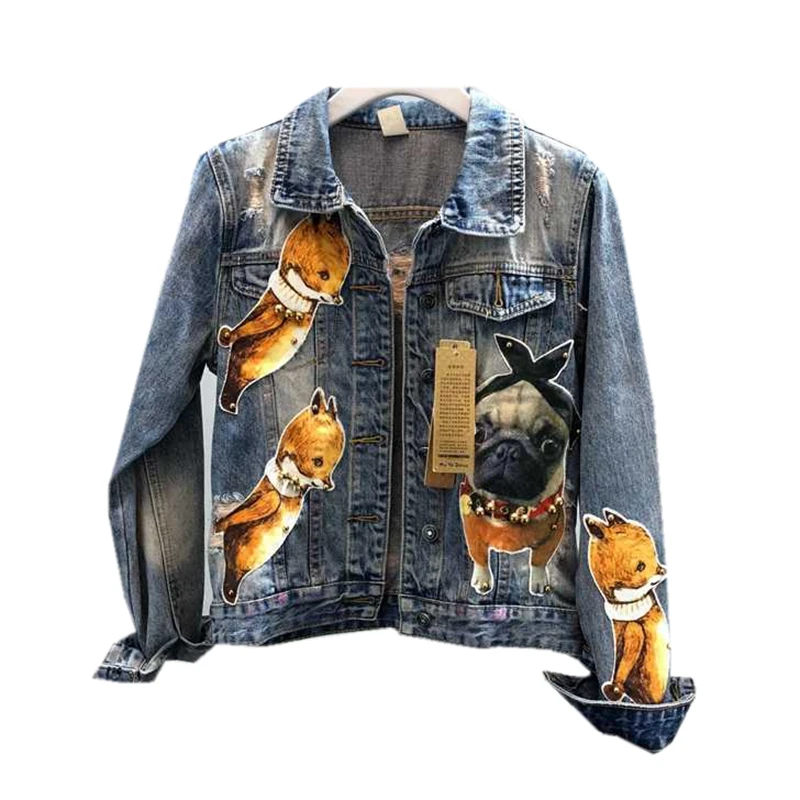 

denim jacket women Spring Autumn New fashion Heavy Washing Cartoon Sticker Dog beading Hole Personality slim jeans coat