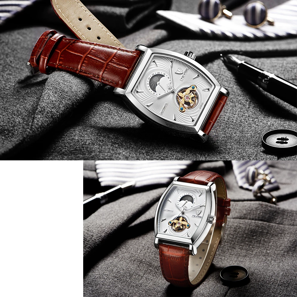 TEVISE водонепроницаемые автоматические 8383D механические мужские часы Moon Phase из