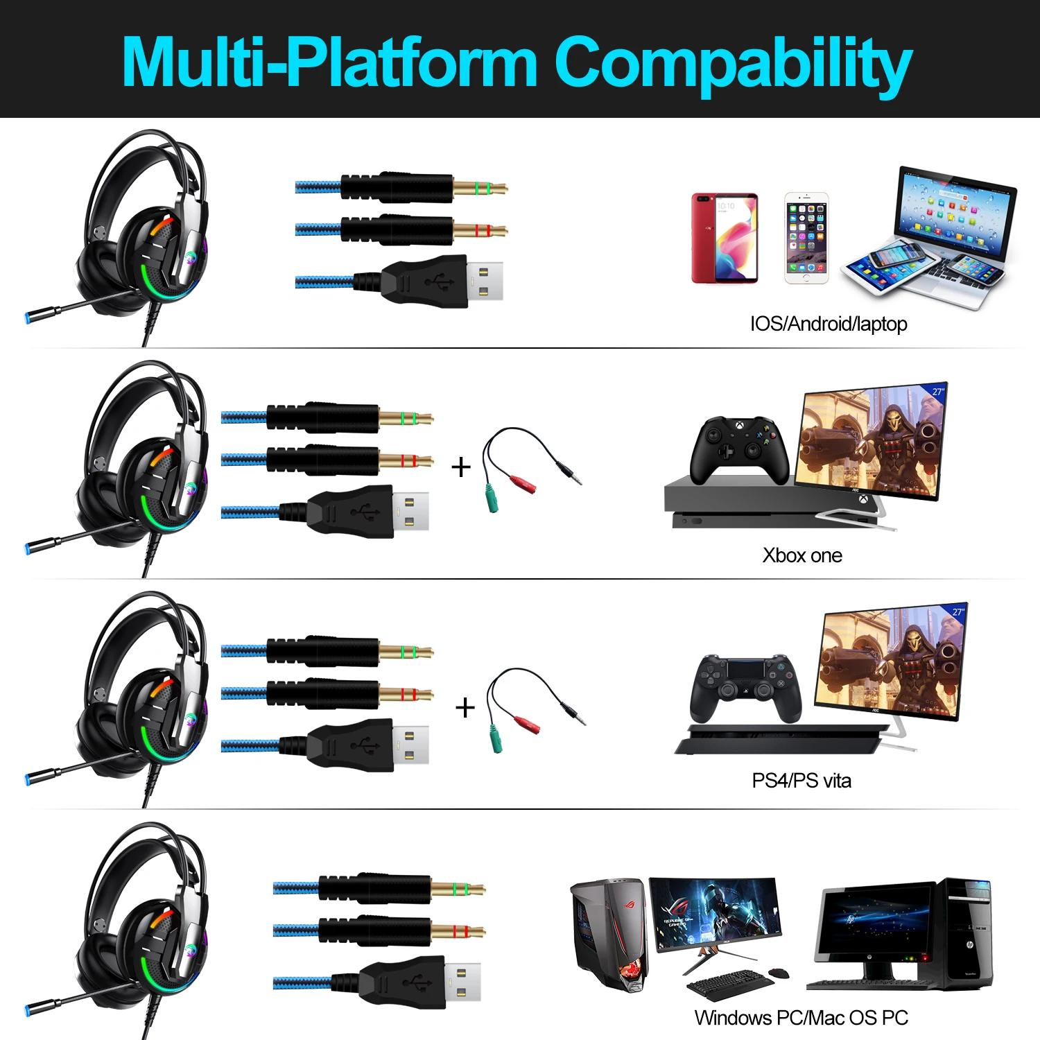 Новые игровые гарнитуры наушники RGB стерео глубокий бас со световым микрофоном