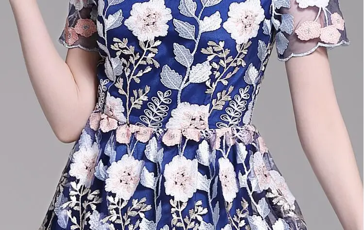 Vintage Summer Embroidery Dress Women Runway Vestidos Short Sleeve Big Size A-Line Mesh Holiday Party | Женская одежда