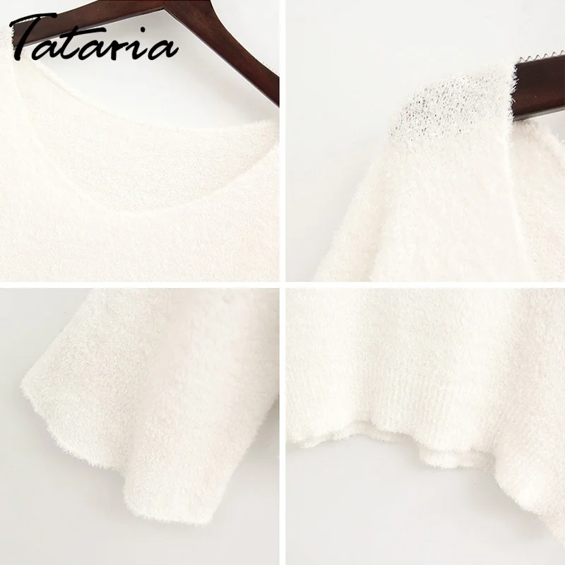 Tataria Women's Knitted Sweater Female Flare Sleeve Women Sweaters And Pullovers Mohair Fashion Cropped White For | Женская одежда