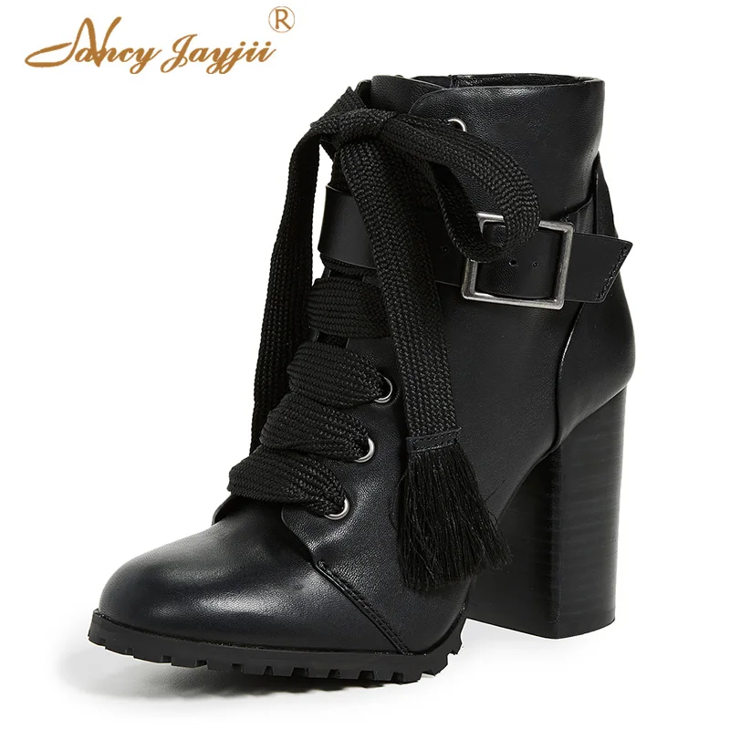 

Nancyjayjii Black Patent Leather Punk Ankle Boots Winter Round Toe Super High Chunky Heels For Woman Female Lace-Up Zipper Shoes