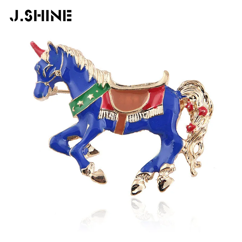 Брошь JShine в виде животного лошади черная и синяя эмалированная брошь женское