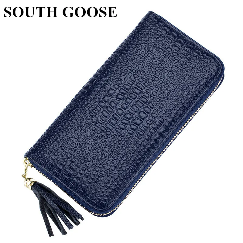 

Брендовый кожаный женский кошелек SOUTH GOOSE, Длинные кошельки аллигатора, Модный женский клатч на молнии с кисточкой, кошельки, держатель для к...