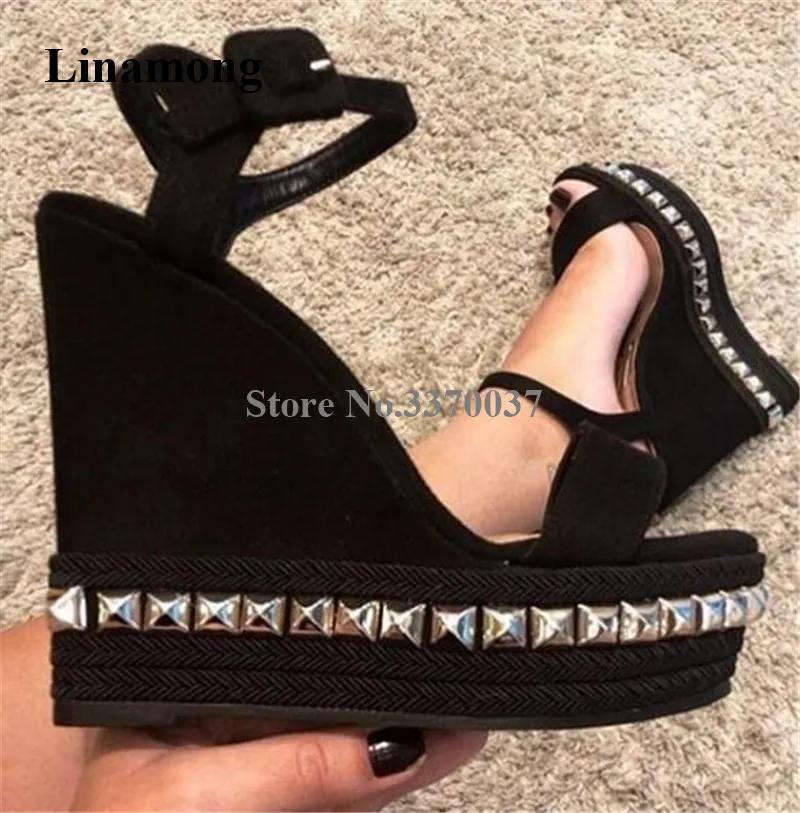 

Brand Design Women Fashion Open Toe High Platform Rivet Wedge Sandals Gold Silver Red Height Increased Wedges Dress Heels Shoes