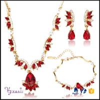 water drop red crystal rhinestones gold jewelry set bracelet earrings necklace ring wedding jewelry set for brides