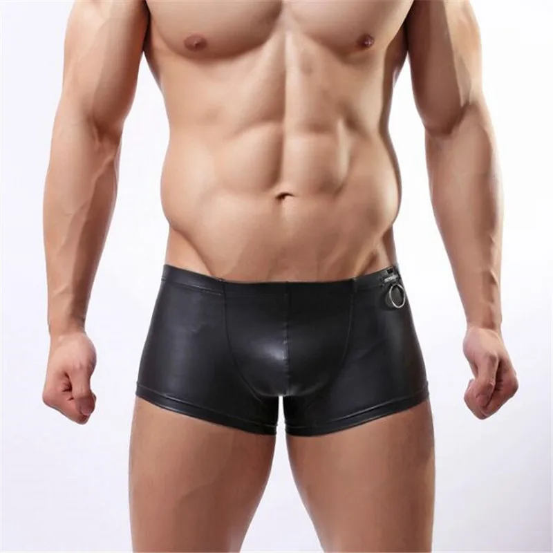 Модные однотонные черные мужские пикантные трусы боксеры из искусственной кожи