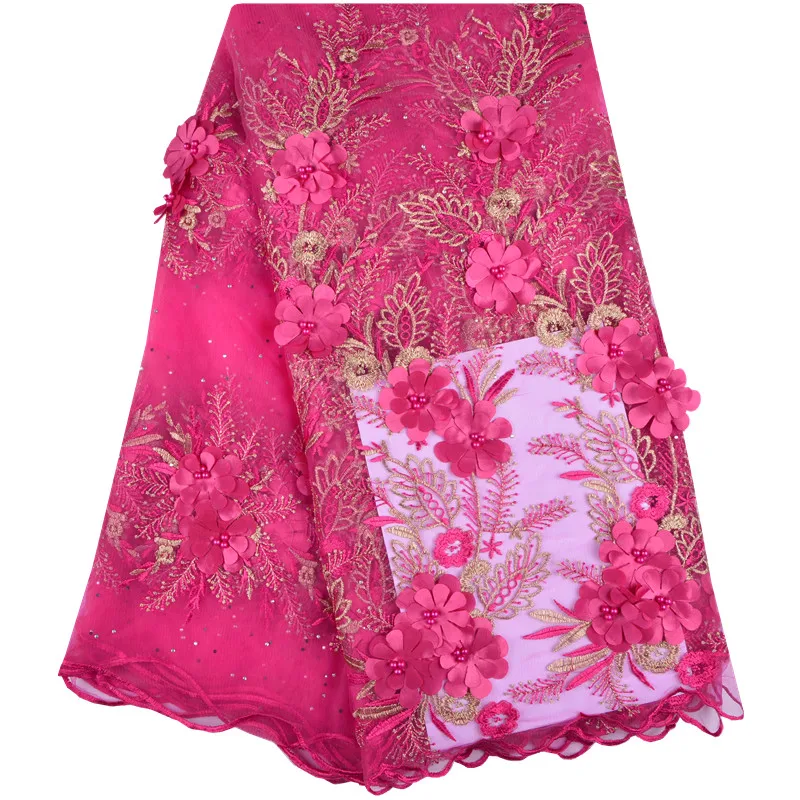 New Design 3D Flowers African Lace Fabric with Stones French Tulle Fashion Nigerian For Wedding Party Dresses | Аксессуары для
