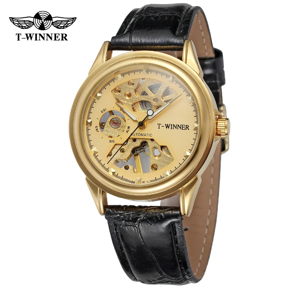 

T-WINNER Hot Sale Mechanical Hand Wind Men Watch Black Leather Strap Newest Design Vogue Wristwatch Skeleton Gift Box WRG8125M3