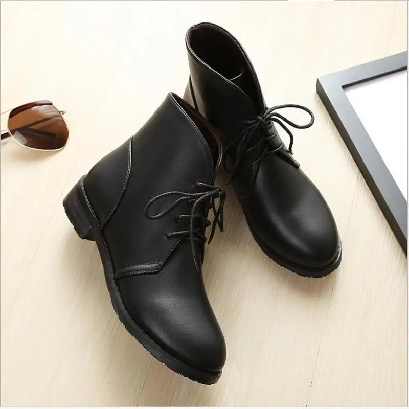 Taomengsi Women's Boots Brown Plus Velvet Thickening Martin Front Strap Lace-Up Round Toe Ladies black ZE33-43 | Обувь