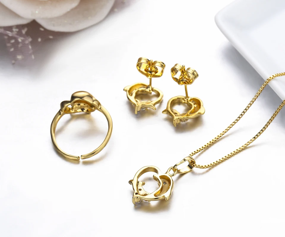 Children Girls Baby Kids Jewelry Sets Yellow Gold Color Dolphin Heart Charm Pendant Necklace Stud Earrings Ring Festa Jewellery|jewelry sets|kids