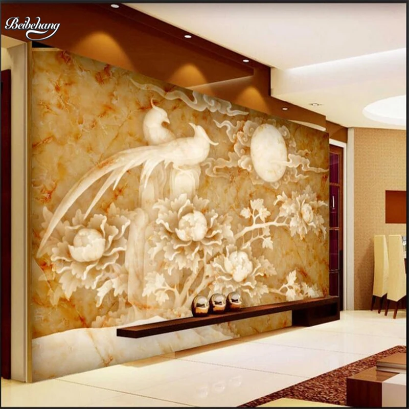 Обои для телевизора с тиснением Феникс пион мраморный фон на заказ большой fresco