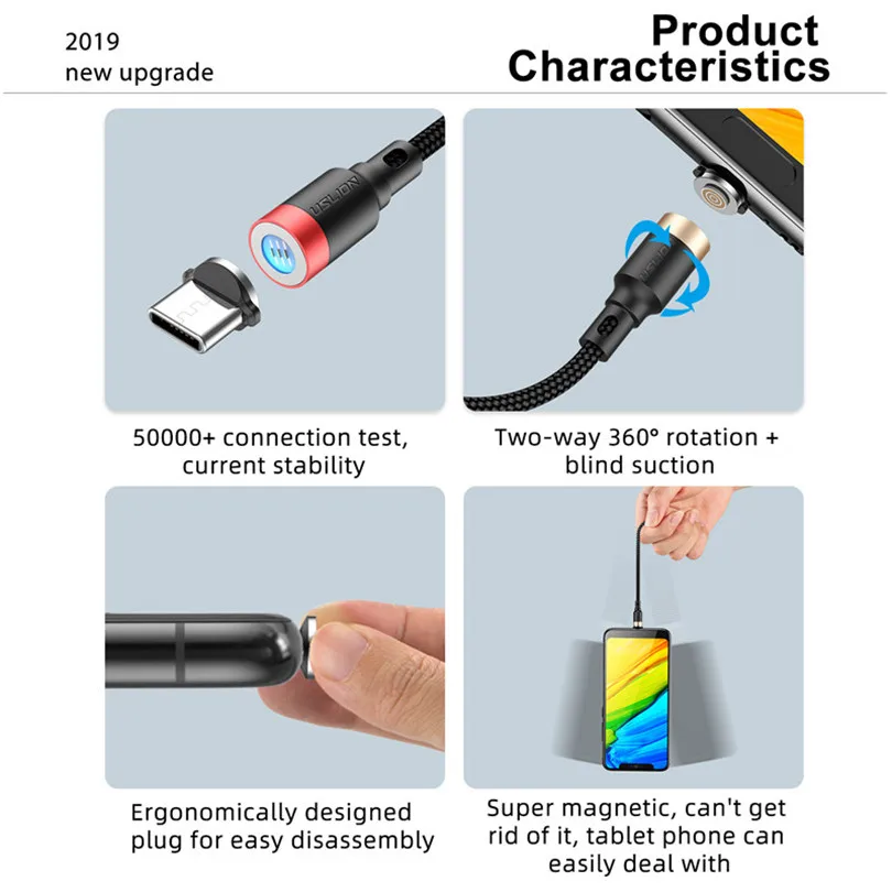USLION светодиодный магнитный кабель Micro USB Type C QC3.0 3A Быстрая зарядка для iPhone XS 8 7 Huawei