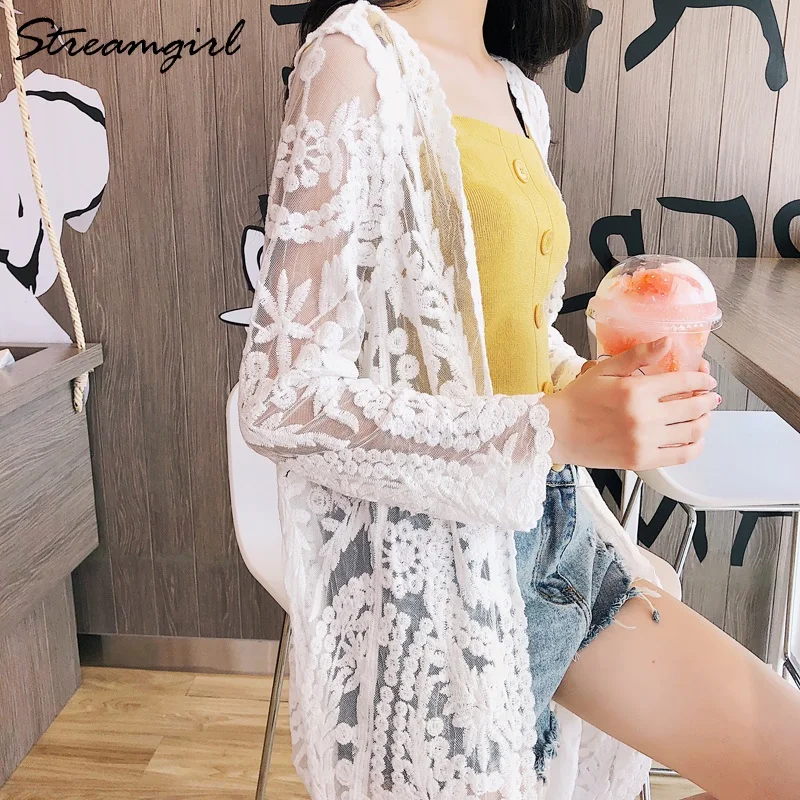 Streamgirl, женский длинный кардиган, лето, большой размер, длинный рукав, пляжный кружевной кардиган, белый, женский, Повседневный, кимоно, кардиганы, лето