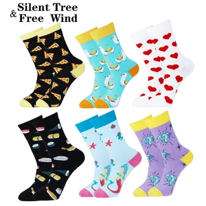 Носки женские хлопковые с изображением русалки, альпаки, клоуна, леопарда, пиццы, суши, сердца