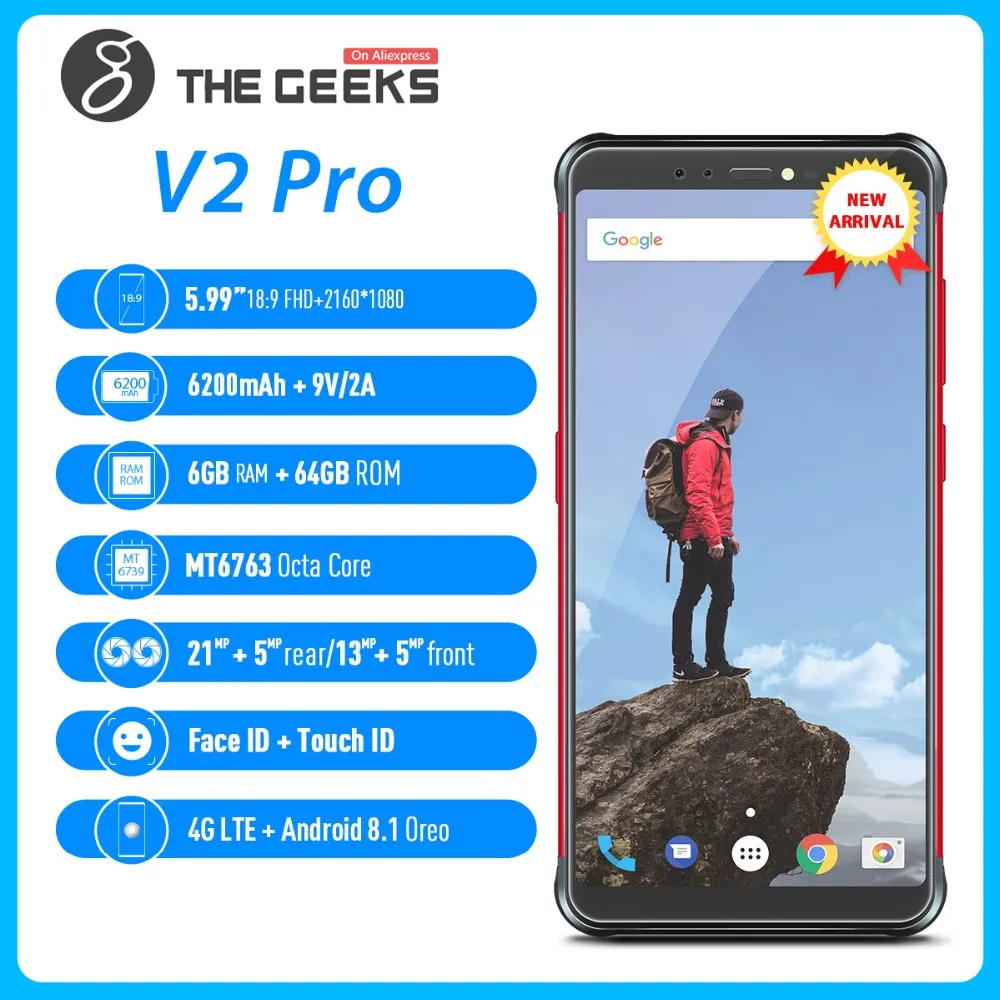 Vernee V2 Pro Водонепроницаемый смартфон с IP68 5 99 "FHD Face ID глобальной сети 6 ГБ 64 четыре