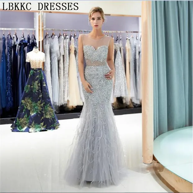 

Robe De Soiree Silver Scoop Mermaid Evening Dresses Floor Length Sleeveless Heavy Handly Sew Beads Vestido De Festa Longo