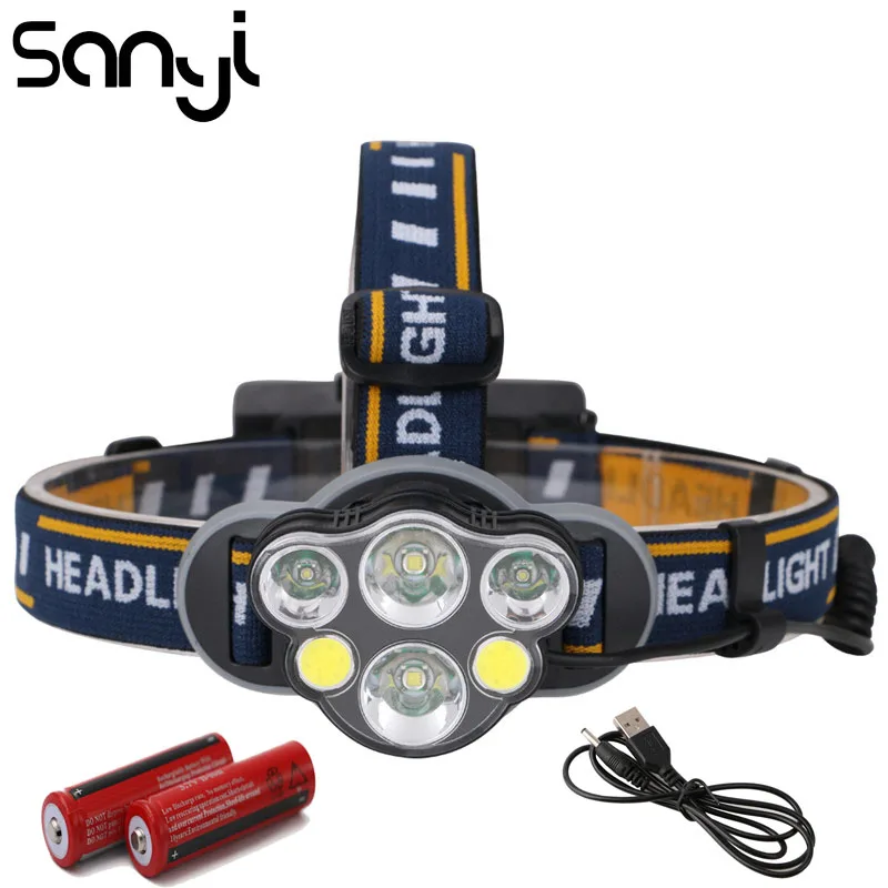 Налобный фонарь SANYI 2 * T6 + XPE COB светодиодный портативный с USB зарядкой 8