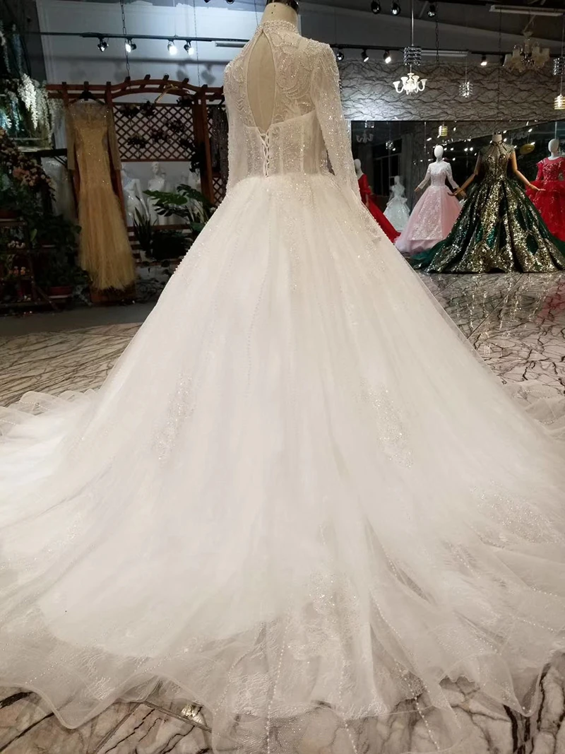 LSS289 like white wedding dress boho long sleeve open back high neck cheap gown with train illusion robe blanche | Свадьбы и