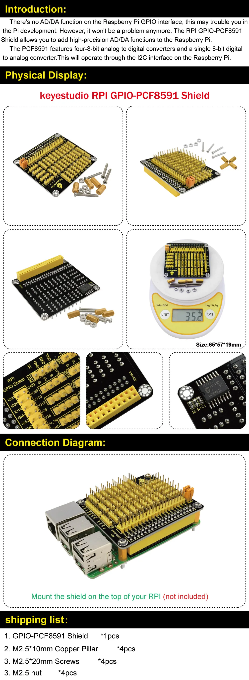 Keyestudio RPI GPIO PCF8591 AD/DA Щит Плата расширения для Raspberry Pi/CE сертификации