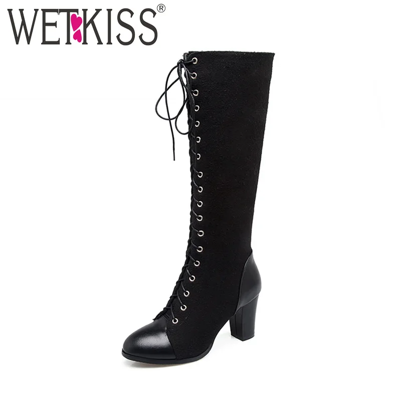 WETKISS Big Size 33-48 Women's Boots Fashion Cross tied Side Zipper Knee High Shoes Winter Thick Heels | Обувь