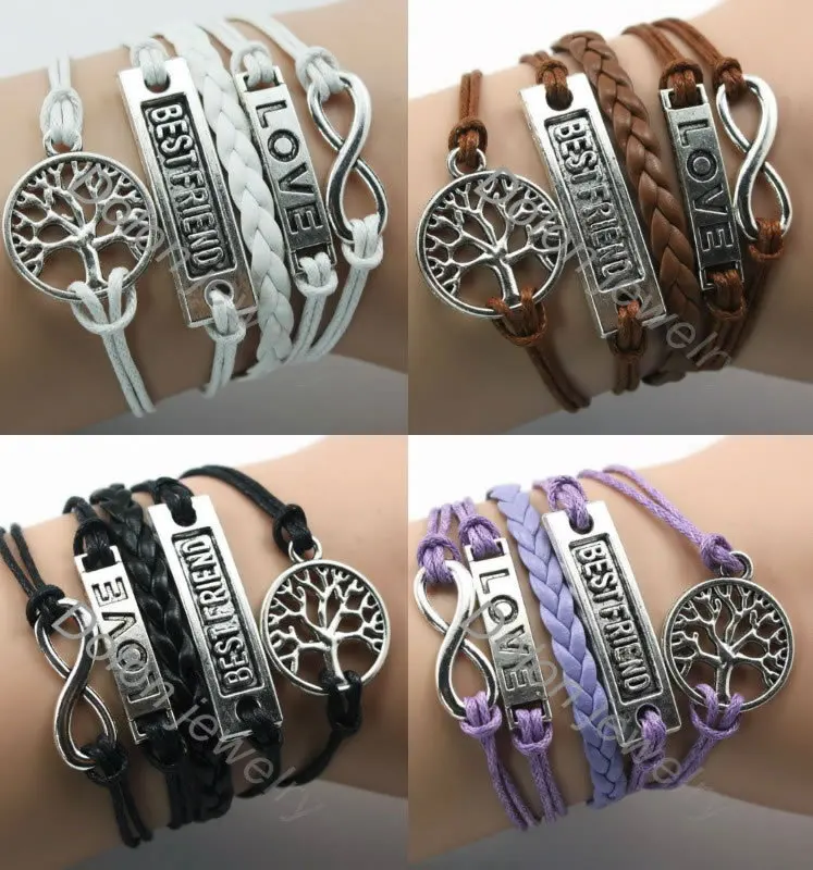 4 Цвета Ручной работы Комбинированный Браслет Бесконечная Любовь Жизнь Дерево и Лучший Друг Браслет Ювелирные Изделия Обернуты Снаружи Кожаным Шнуром