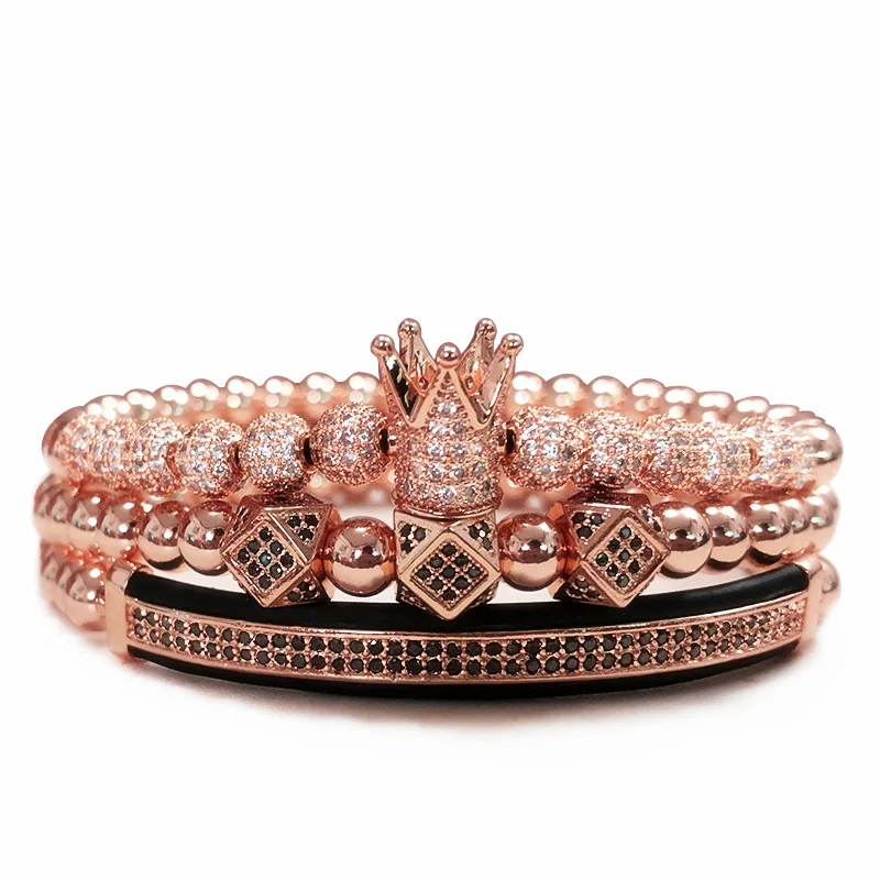 Rose Gold Мужской браслет 3 шт./компл. этнические заклепки полые кристаллы шар Шарм Браслеты Набор для мужской женский браслет из бисера - Окраска металла: Rose Gold