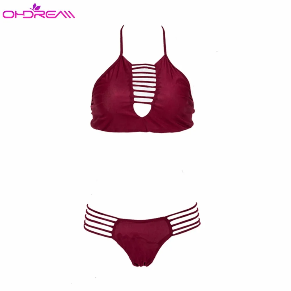OHDREAM Sexy Bikini Set Hot Red Halter Beach Push Up Swimsuits Women Summer 2018 Bathing Suit Hollow Out Swimwear F |