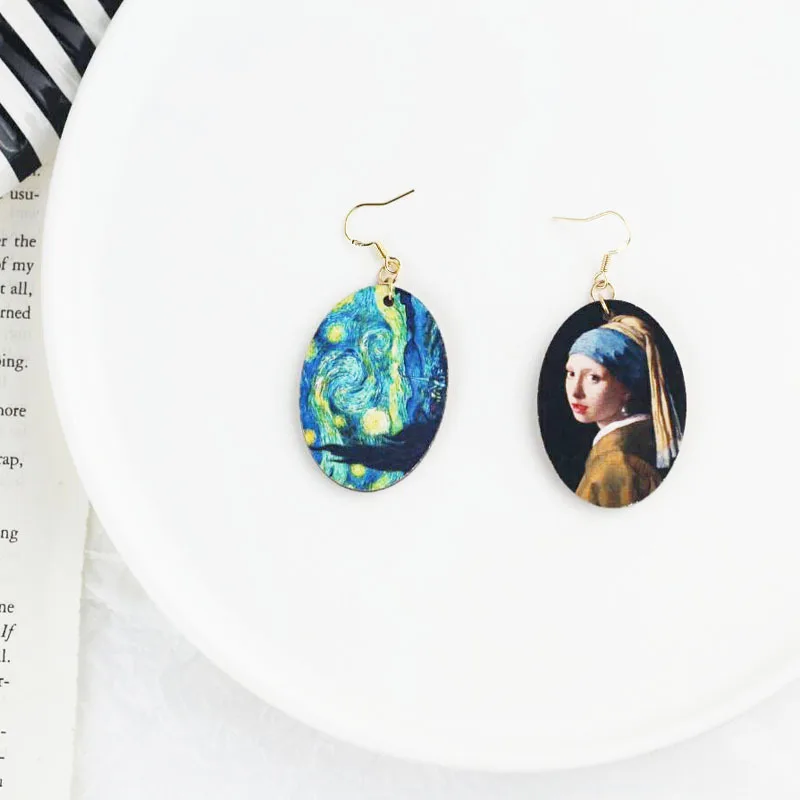 Vintage Retro Renaissance Art Famous Oil Painting Women Portrait Asymmetric Starry Earrings Wooden Abstract Drop | Украшения и
