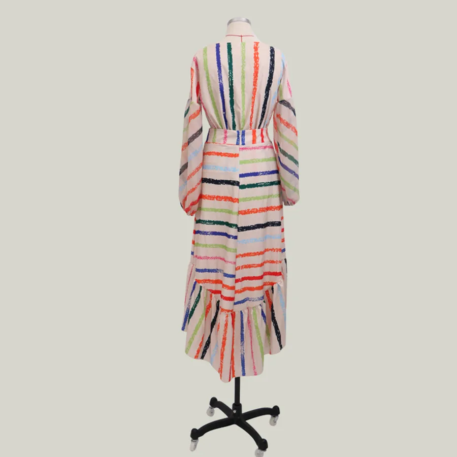 

Fashion Lantern Sleeve Striped Dress Women Temperament Dress Ruffle Asymmetrical New Trend O-Neck 2 Pieces Party Dress Vestidos