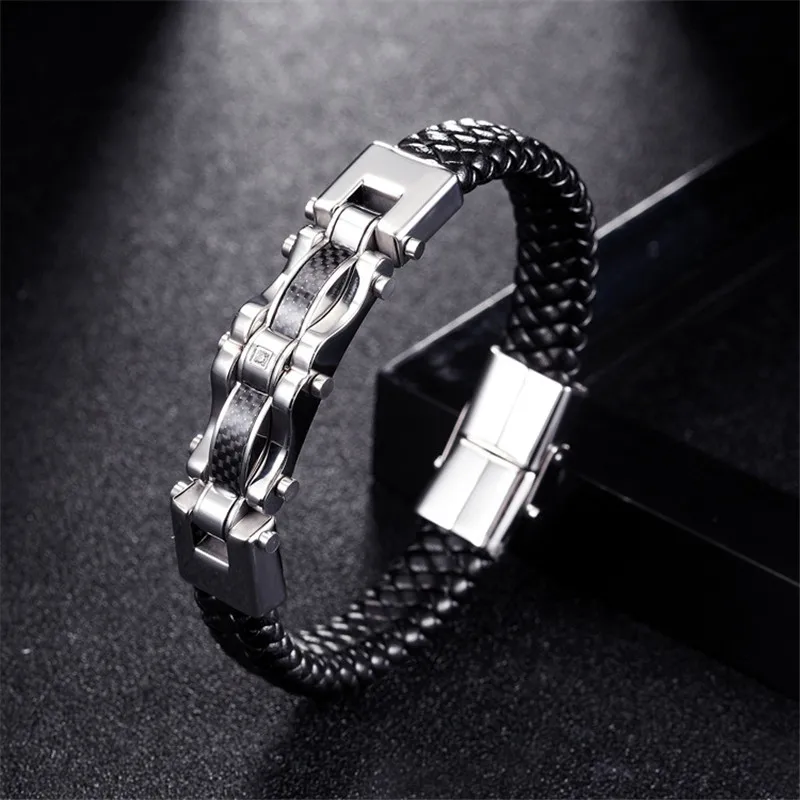 

NHGBFT Punk Style Black Braided Leather Bracelet For Mens Stainless Steel Magnetic Clasp Bangles Dropshipping