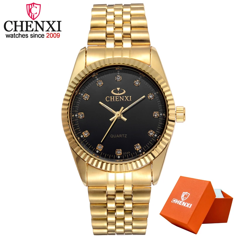 CHENXI Men Fashion Watch Women Quartz Watches Luxury Golden Stainless Steel Wristwatch Lovers Dress Clock in Box Gift chenxi clock gold men quartz watch stainless steel lover s rhinestone wristwatch rose gold diamonds men women watch