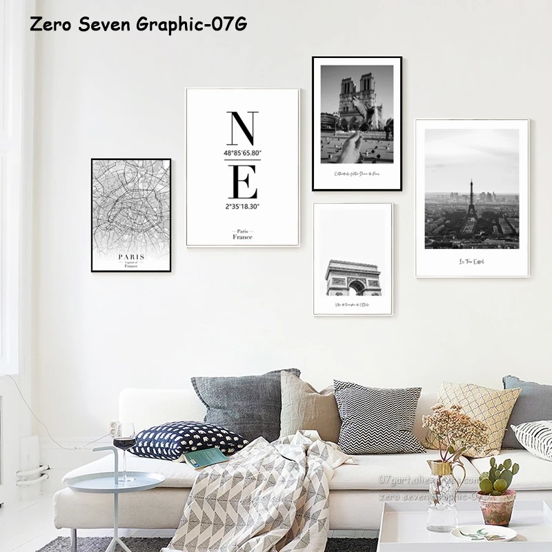 Плакат и печать черно белая мода карта Парижа Нотр дама башня Картина на холсте