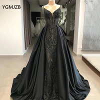black elegent sequined evening dresses long 2020 mermaid with detachable skirt saudi arabic women formal prom dress party gowns