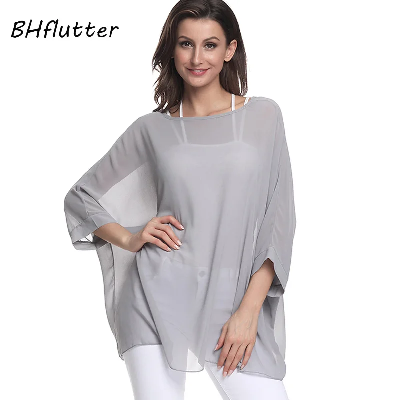 picture color BHflutter, женские блузки размера плюс,, стиль, летучая мышь, Повседневная летняя блузка, рубашка для женщин, Boho, шифоновые Рубашки, Топы, сорочка для женщин - Цвет: picture color