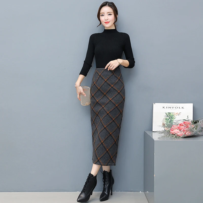 2018 осень-зима Длинные Теплые юбки для Для женщин Elegantes Faldas Largas Высокая Талия плед