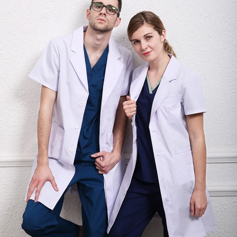 Short Sleeve Унисекс распродажа лабораторное пальто доктор Белая Туника медицинское рабочее пальто летние халаты на пуговицах спереди Зазубренные лацканы доктор халат для медсестер - Цвет: Short Sleeve