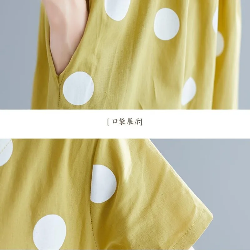 

#0460 Cotton Linen Midi Dress For Women Polka Dot Printed O Neck V Neck Casual High Waist Pleated Dress Female Casual Summer