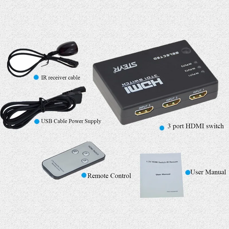 

STEYR HDMI Splitter 3Port HDMI Switch Remote Switcher HDMI Port 1080P 3Input 1 Output 4K Adapter for PS3/4 Android HDTV