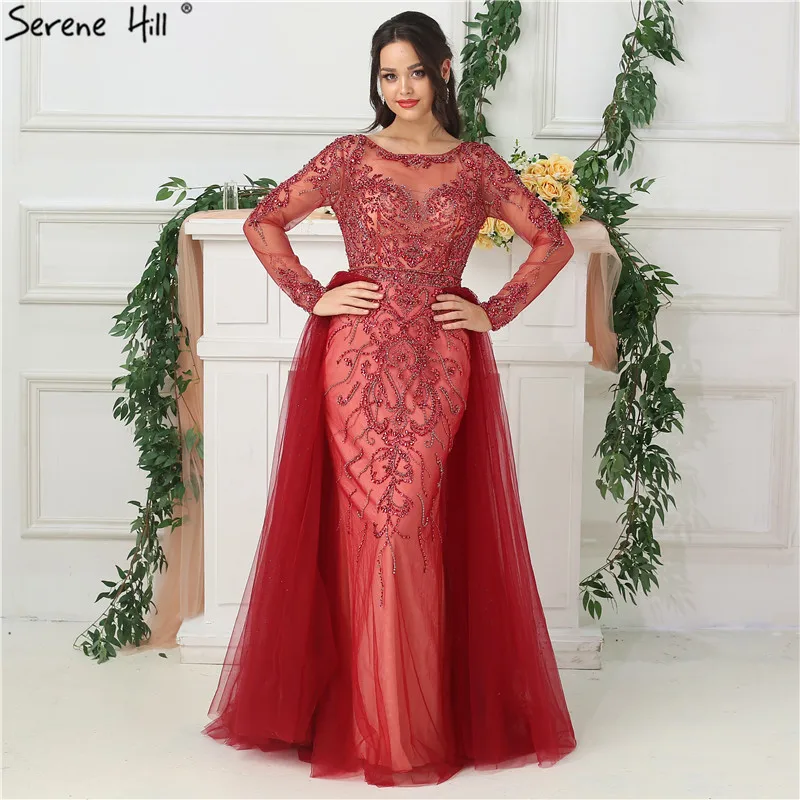 wine red Цвет красного вина с украшением в виде кристаллов, роскошное вечернее платье Модная одежда с длинными рукавами со шлейфом вечернее платье настоящая фотография LA6641 - Цвет: wine red