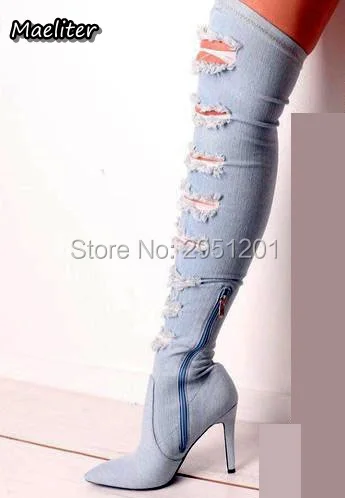 Осенне зимние ботинки выше колена с острым носком|thigh high boots|boots sexyblue denim boots |