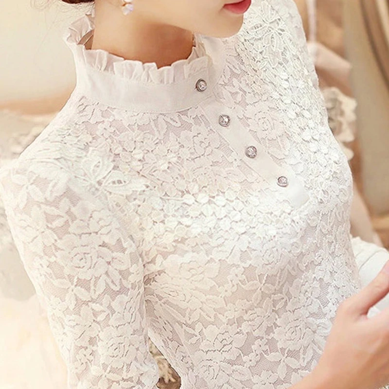 

2021 new ruffles lace women blouse and shirts pearl long-sleeved slim office lady elegant white shirts outwear tops J226