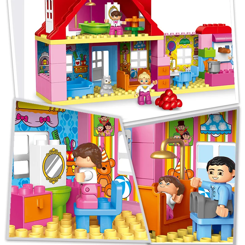 

Large Size Building Blocks DIY Pink Princess Family House Toys Blocks Bricks Sets Kids Gifts For Children