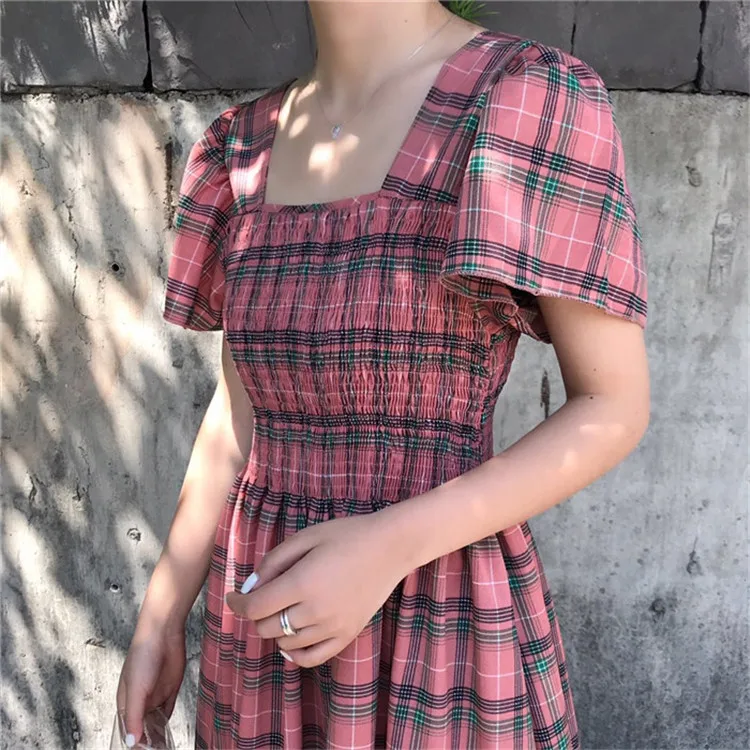 Lychee/винтажное клетчатое летнее женское платье с коротким рукавом и квадратным