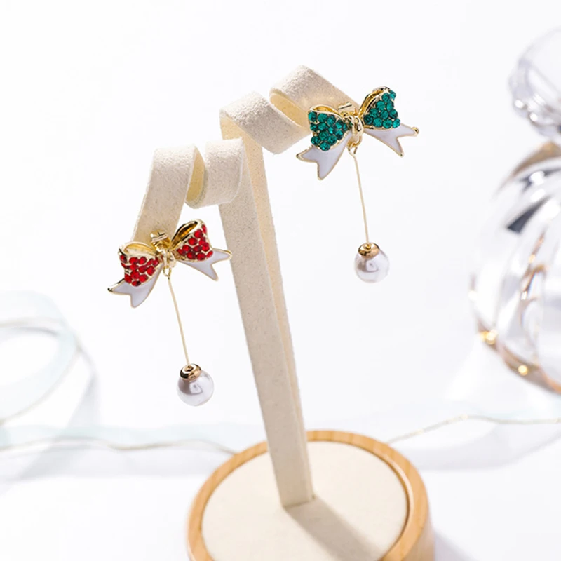 925 Silver Pin Christmas Inlaid Color Full Zircon Bow Pearl Dangle Earrings Long Tassels Back Hanging Drop Earring for Women | Украшения и