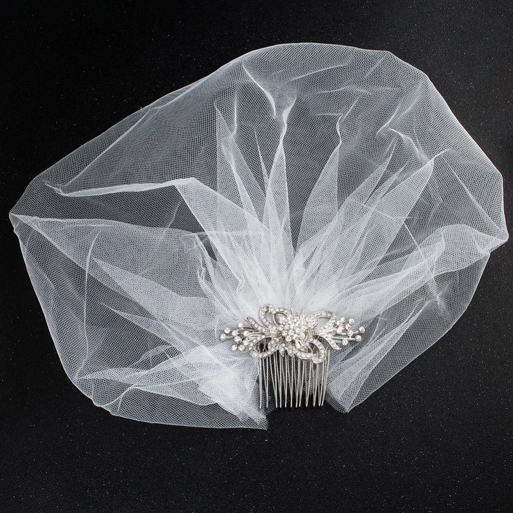 

PEORCHID Vintage Short Wedding Veils With Comb Bruids Haardeco Bridal Face Veil Beaded Bling Bling Voile Mariage Cristal 2019