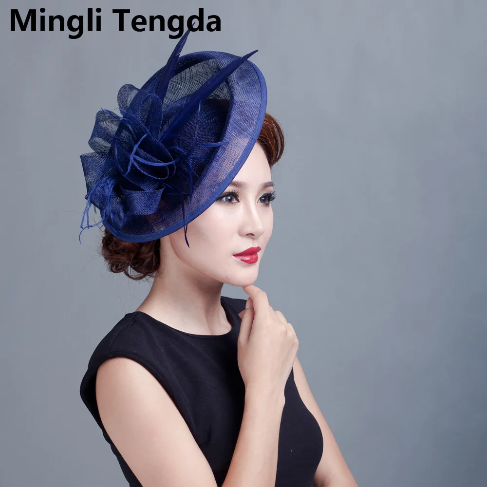 Свадебные аксессуары дамы большой перо Fascinators Шапки Для женщин аксессуары для волос с повязкой на голову для Свадебная вечеринка Mingli Tengda - Цвет: Dark Blue